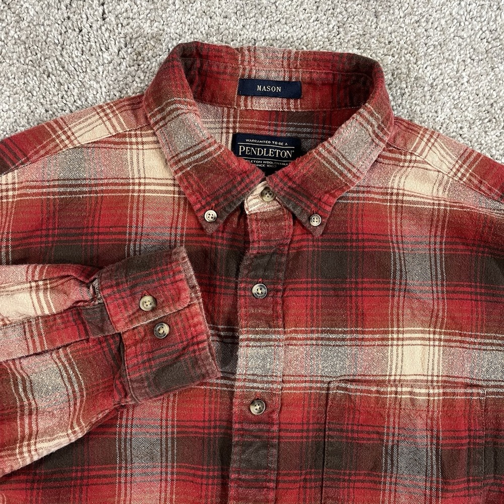 Pendleton Mason Flannel Shirt L Red Plaid Cotton Button Front Outdoor Casual‎